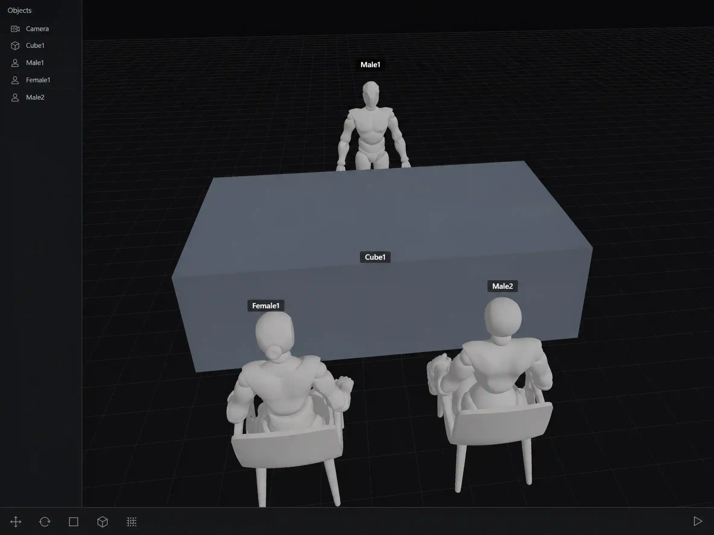 3D scene builder staging grey mannequin characters and props on a grid
