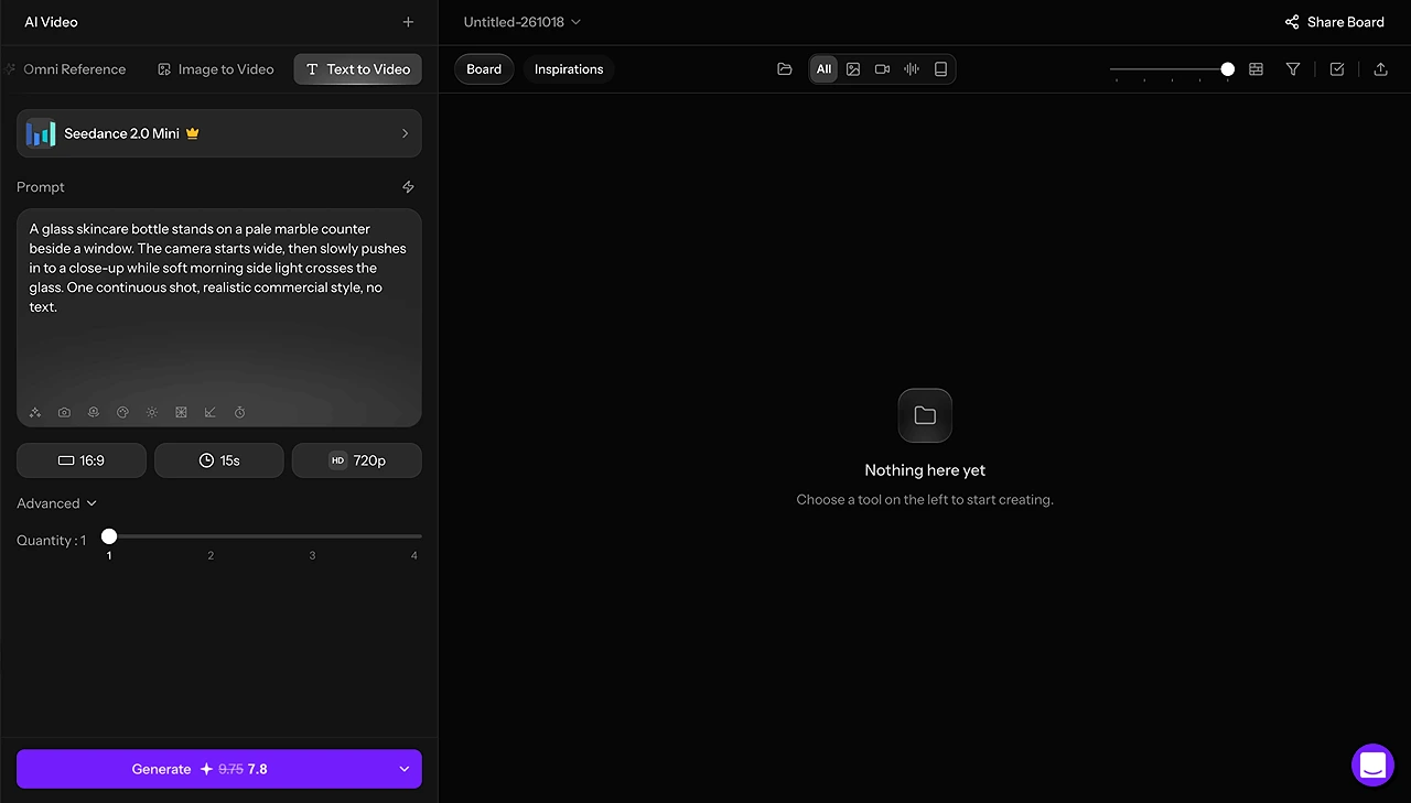 Text to Video selected for Seedance 2.0 Mini