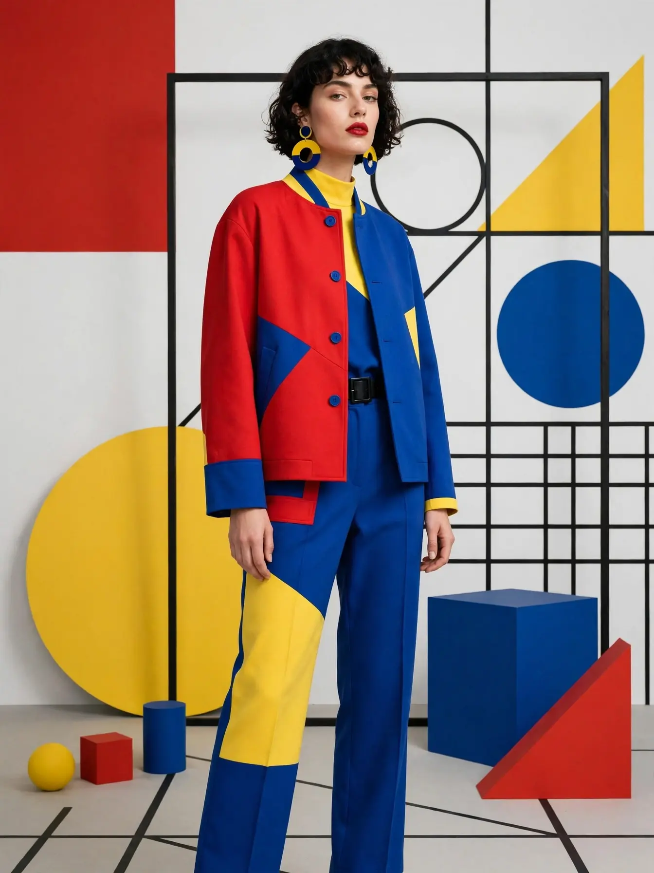 Fashion editorial portrait in Mondrian-inspired color-block styling, geometric art direction blended with photoreal skin texture and cinematic lighting.