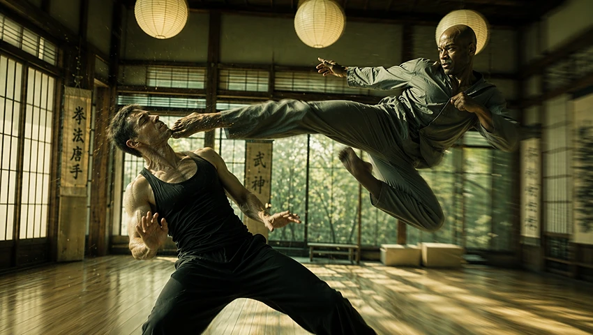 Cinematic martial arts fight with dynamic camera movement