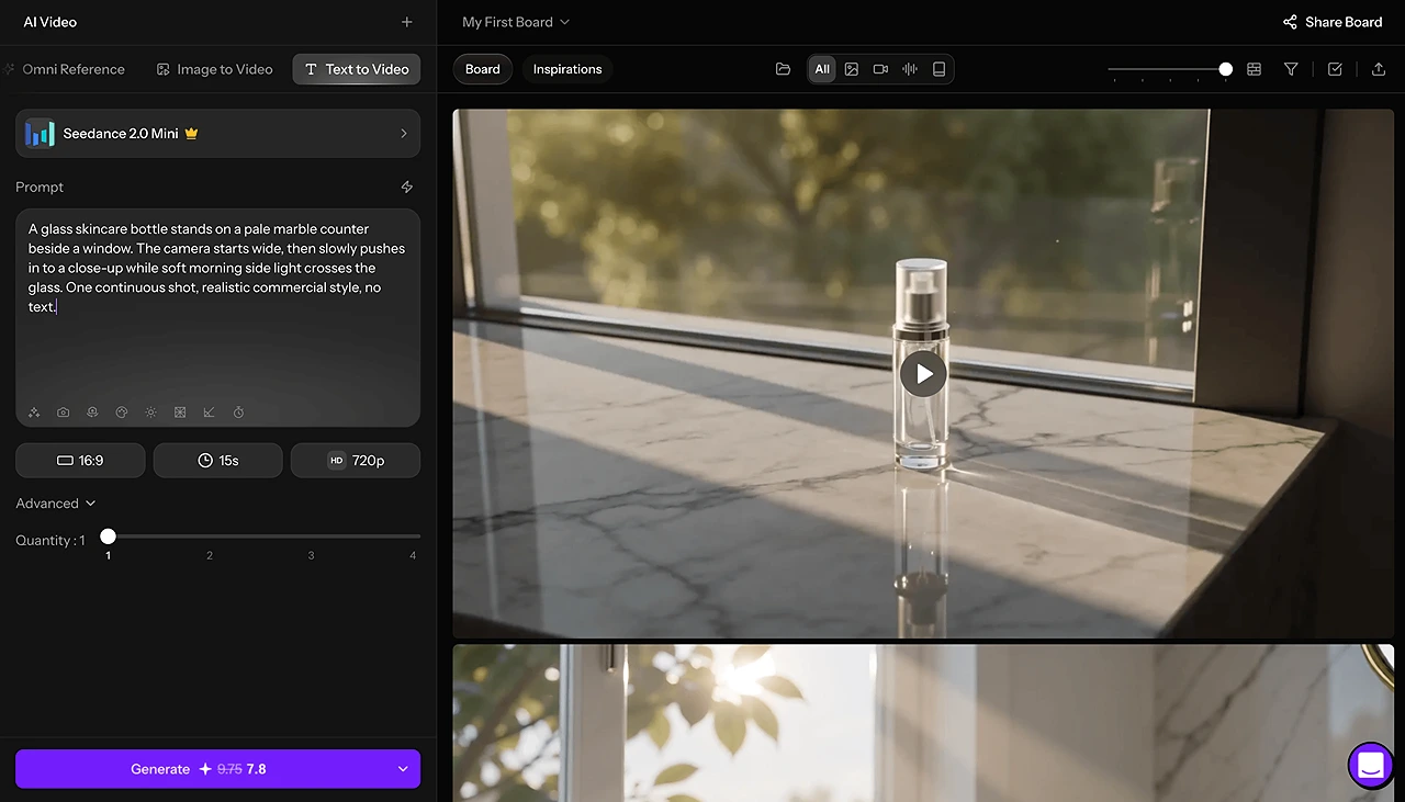 Seedance 2.0 Mini settings and a generated clip in Topview