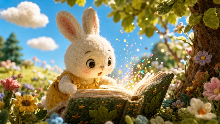 Felted wool storybook animation with a rabbit in a garden