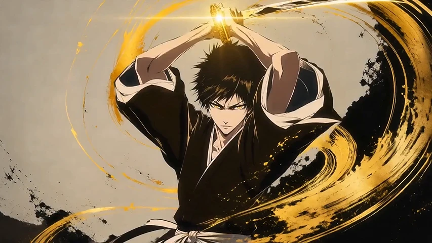 Anime swordsman releasing a final magical attack