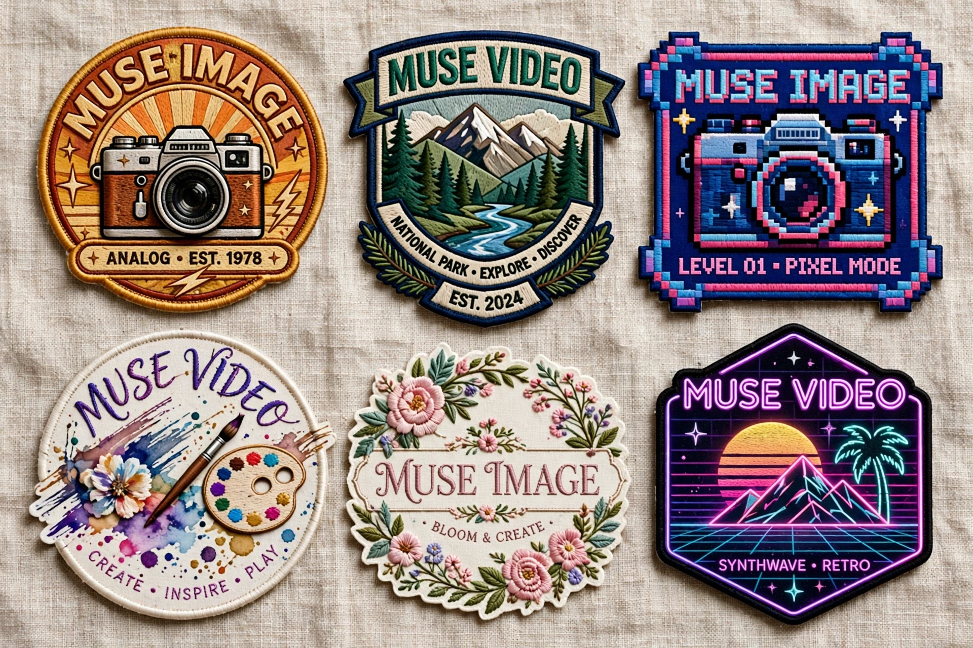 Grid of embroidered Muse Image style patches spanning vintage, pixel, floral, and synthwave aesthetics — generated from a single creative brief.