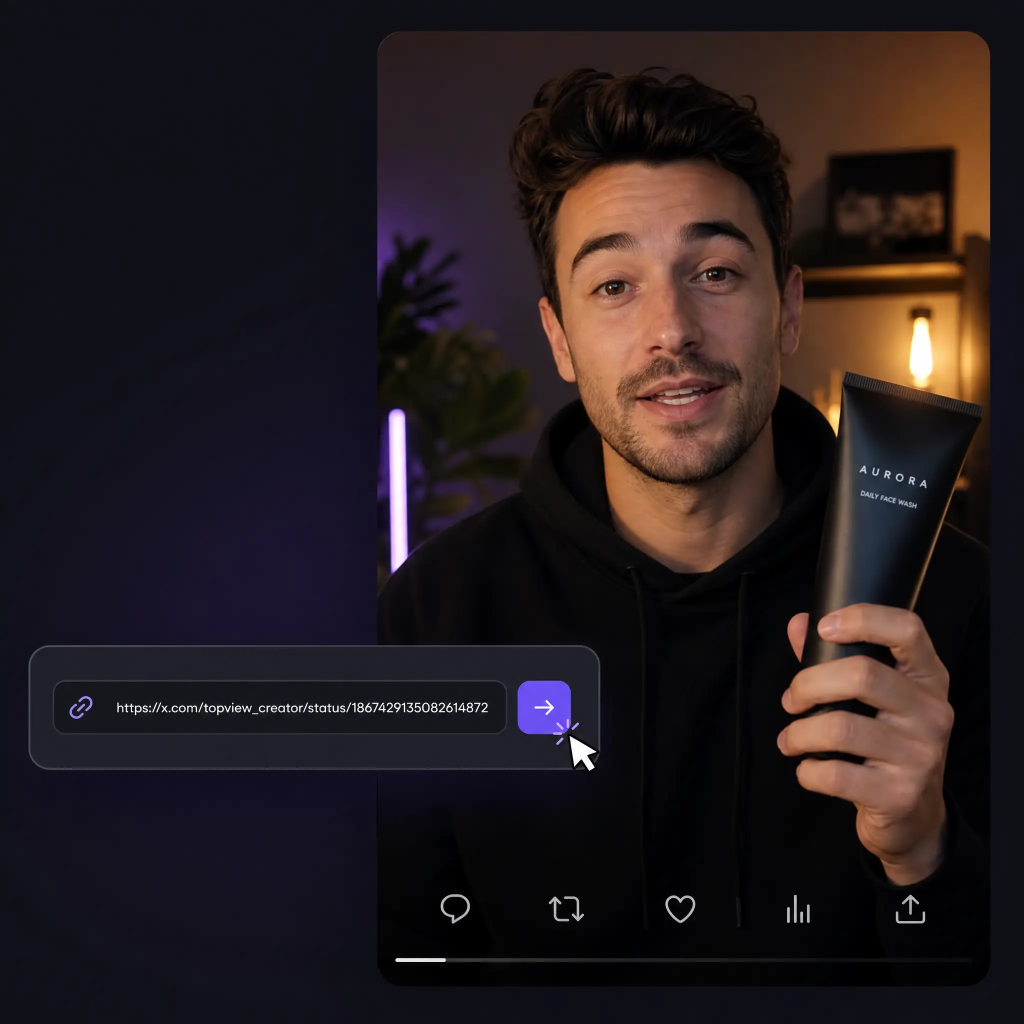 رسم توضيحي لرابط فيديو Twitter يتحول إلى موجز إبداعي Topview Agent