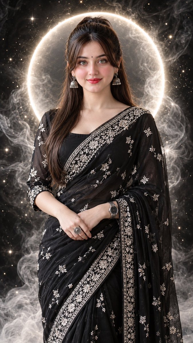 Cinematic Portrait of Woman in Black Sari