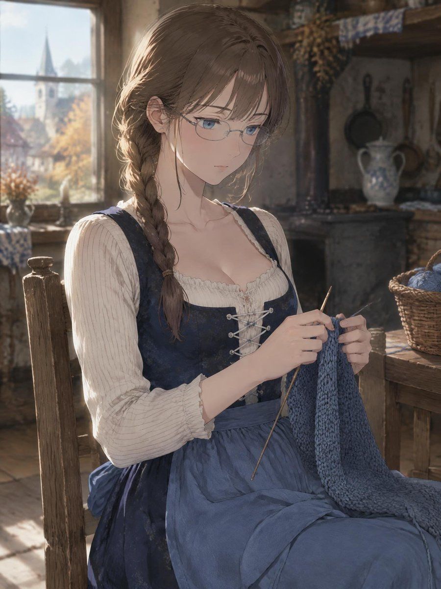 Anime Girl Knitting in Country Cottage