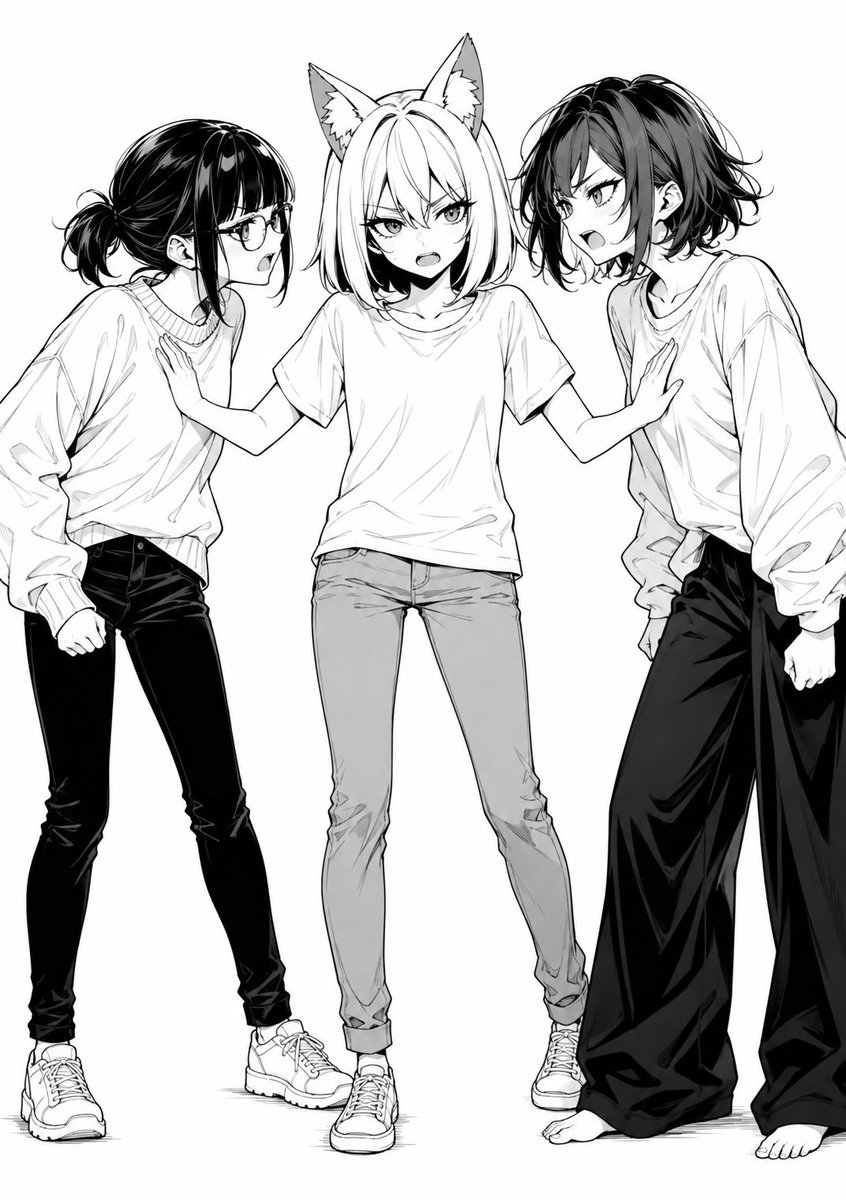 Three Anime Girls B&W Manga Illustration