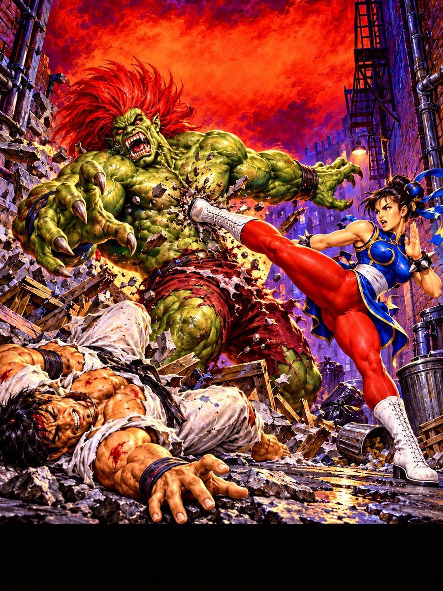 Chun-Li Kicking a Giant Monster