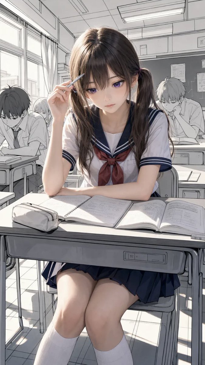 Semi-Realistic Anime Girl in Sketching Classroom