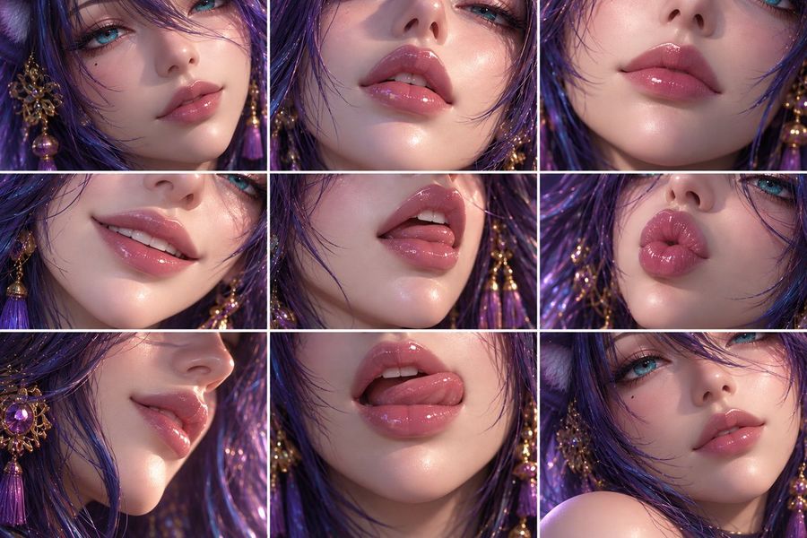 Purple Hair Lip Close-up 3x3 Grid