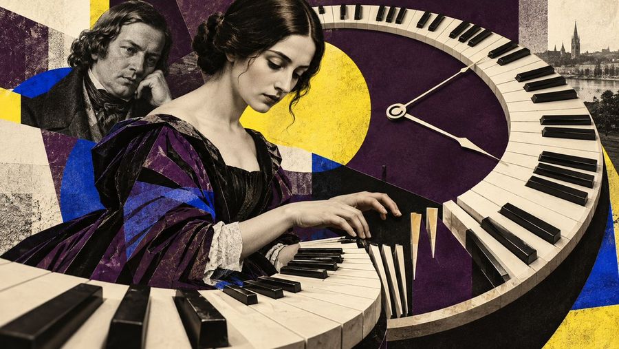 Surreal Collage of Clara Schumann Playing a Clock Piano
