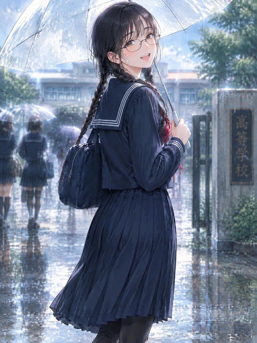 Uniformed Anime Girl in Rain