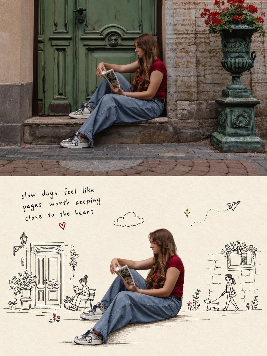 Before & After Doodle Background Photo Edit