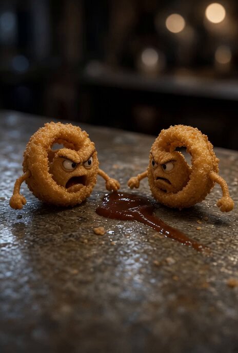 Onion Rings Fighting for Sauce