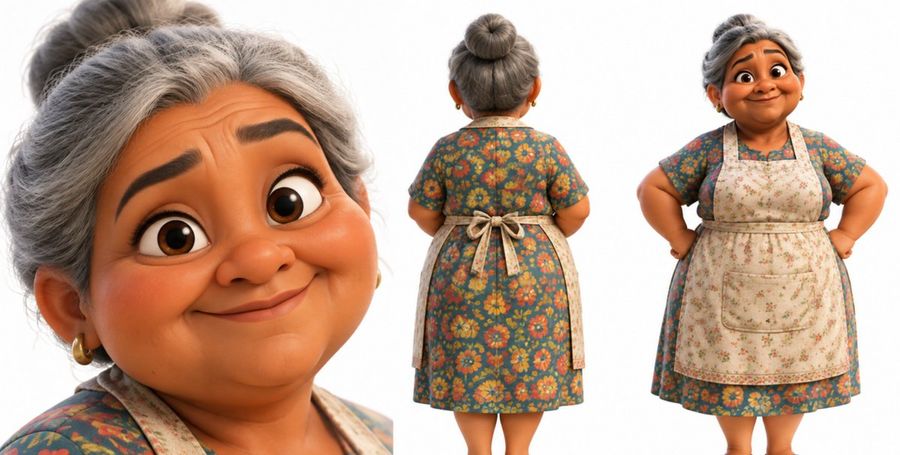 Pixar-style Elderly Woman Character Sheet
