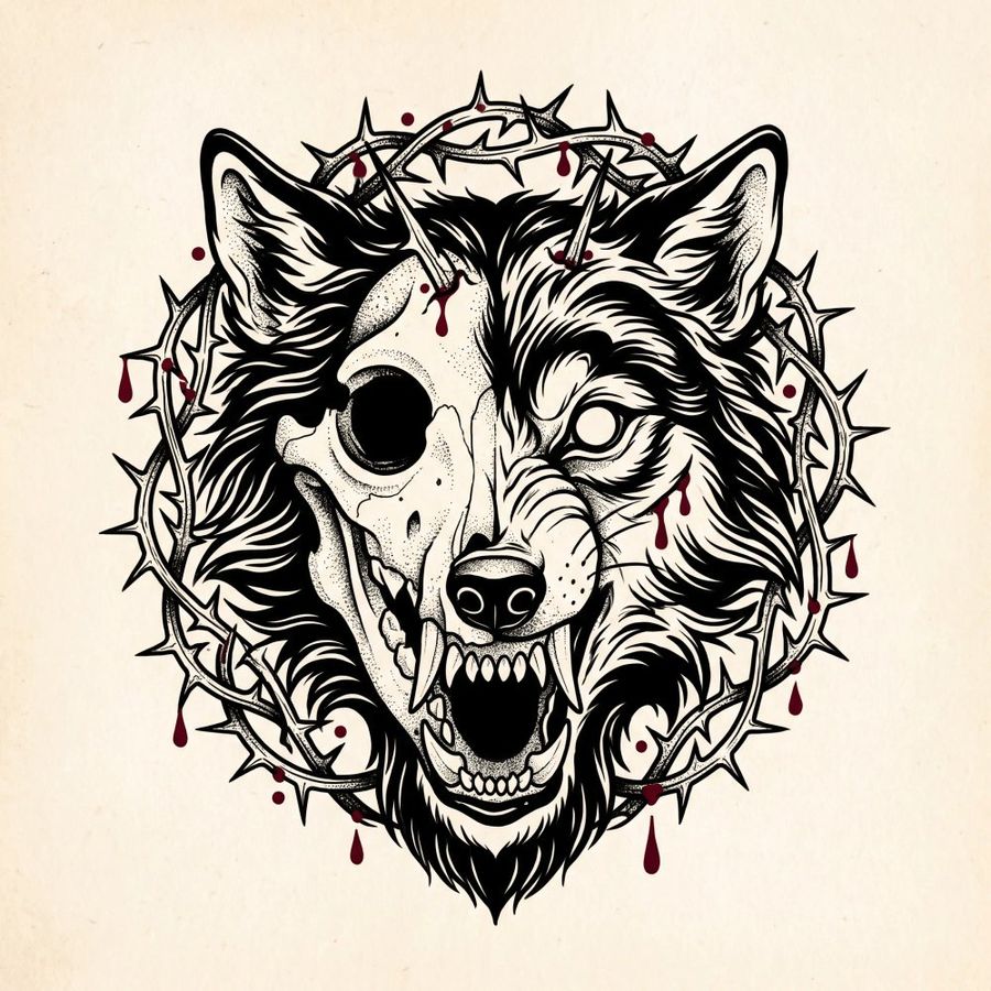 Roaring Wolf Bone and Thorns Tattoo Flash