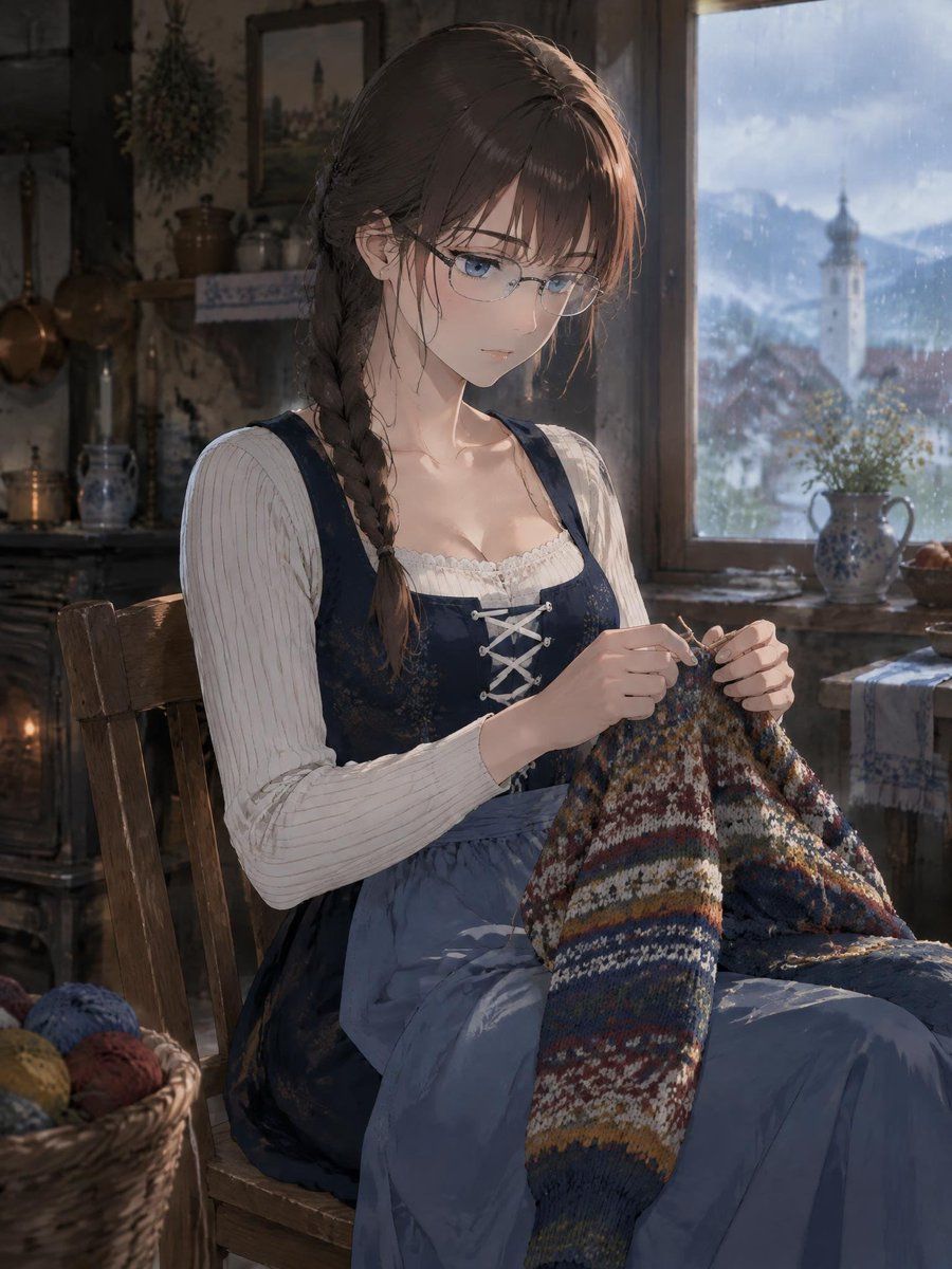 Anime Girl Knitting in Country Cottage