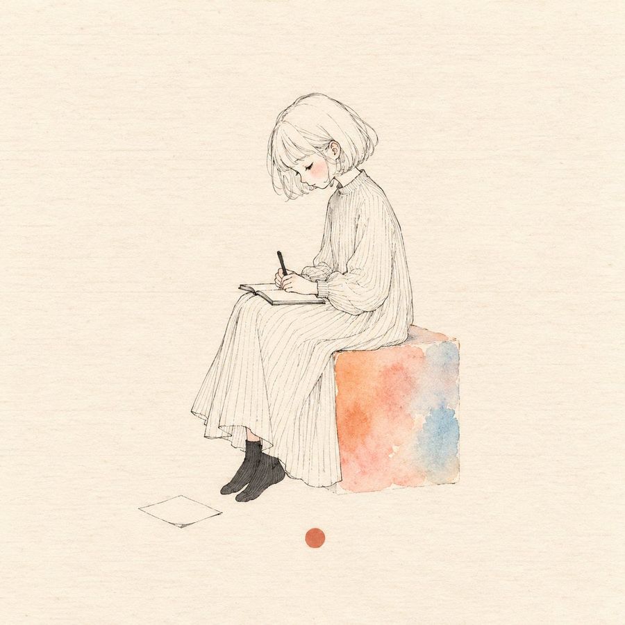 Watercolor Girl Writing on a Cube