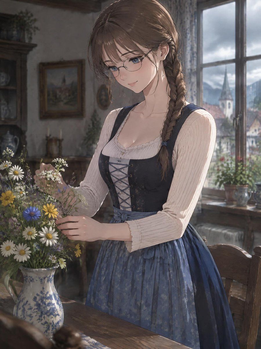 Anime Girl Arranging Flowers in Alpine Hut