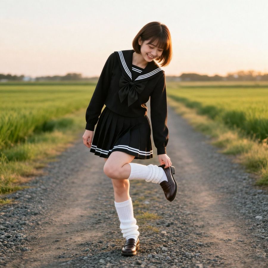 Girl Looking at Shoes on a Country Road
