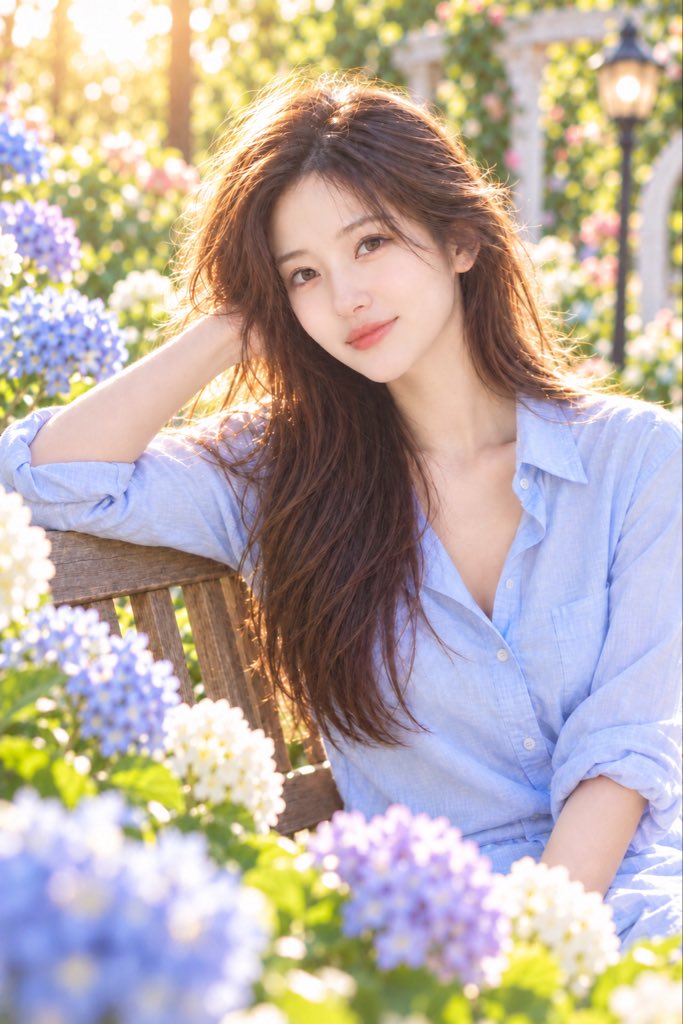 Woman in Hydrangea Garden