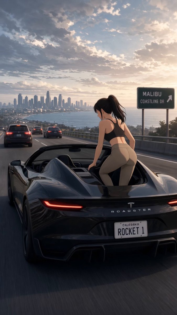 Anime Woman Driving Tesla Roadster