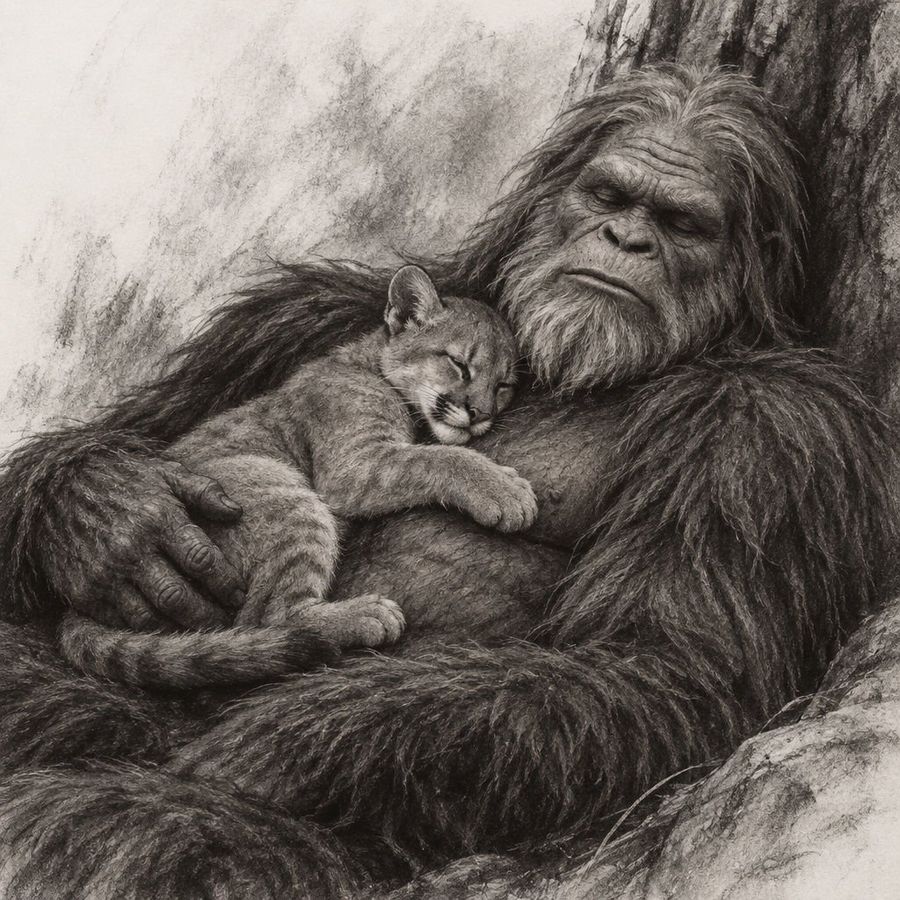Bigfoot Cradling a Sleeping Cougar Cub