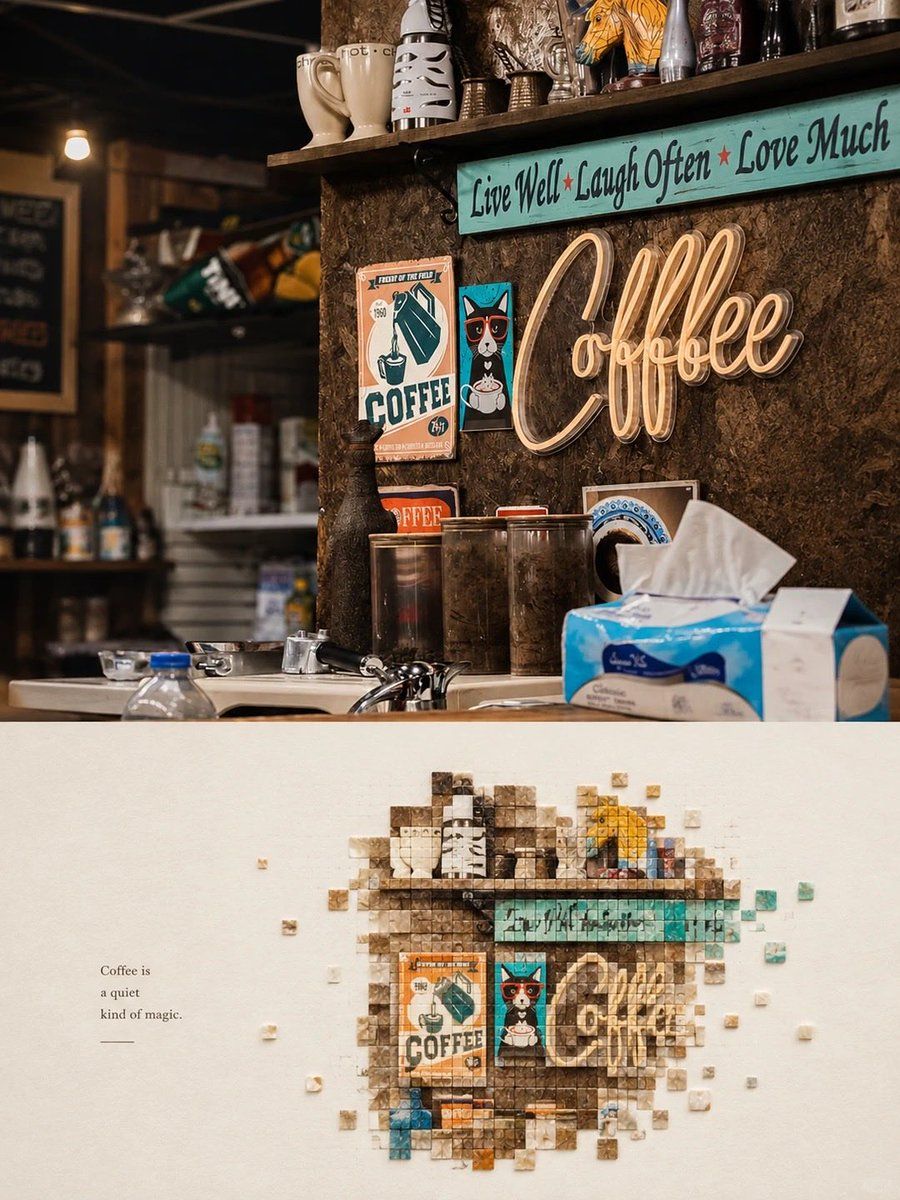 Coffee Shop Photo and Pixel Mosaic Collage Poster