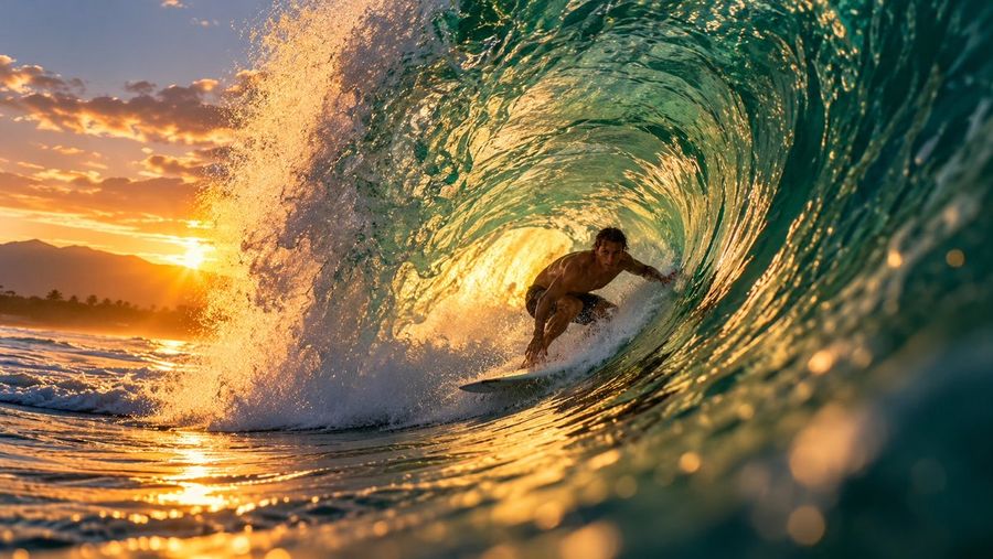 Surfer in Tube Wave at Sunset