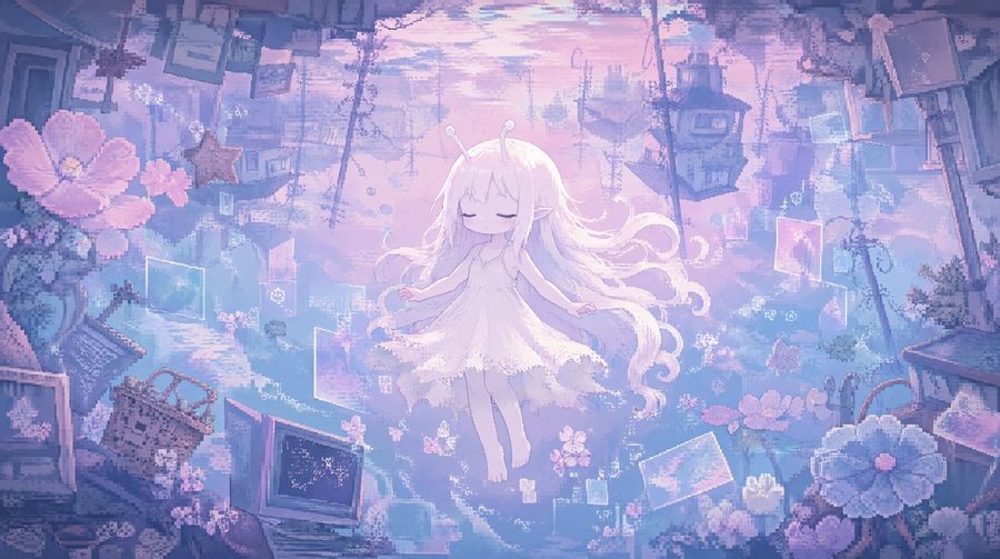 Dreamy Vaporwave Floating Anime Girl