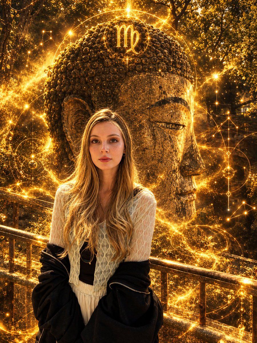 Virgo Zodiac Portrait with Golden Cosmic Energy