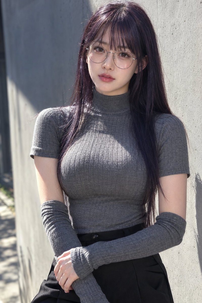 East Asian Woman in Grey Turtleneck by Concrete Wall