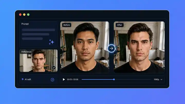 Placeholder vidéo avec un champ d'invite de texte, le téléchargement d'image de référence, et avant la comparaison